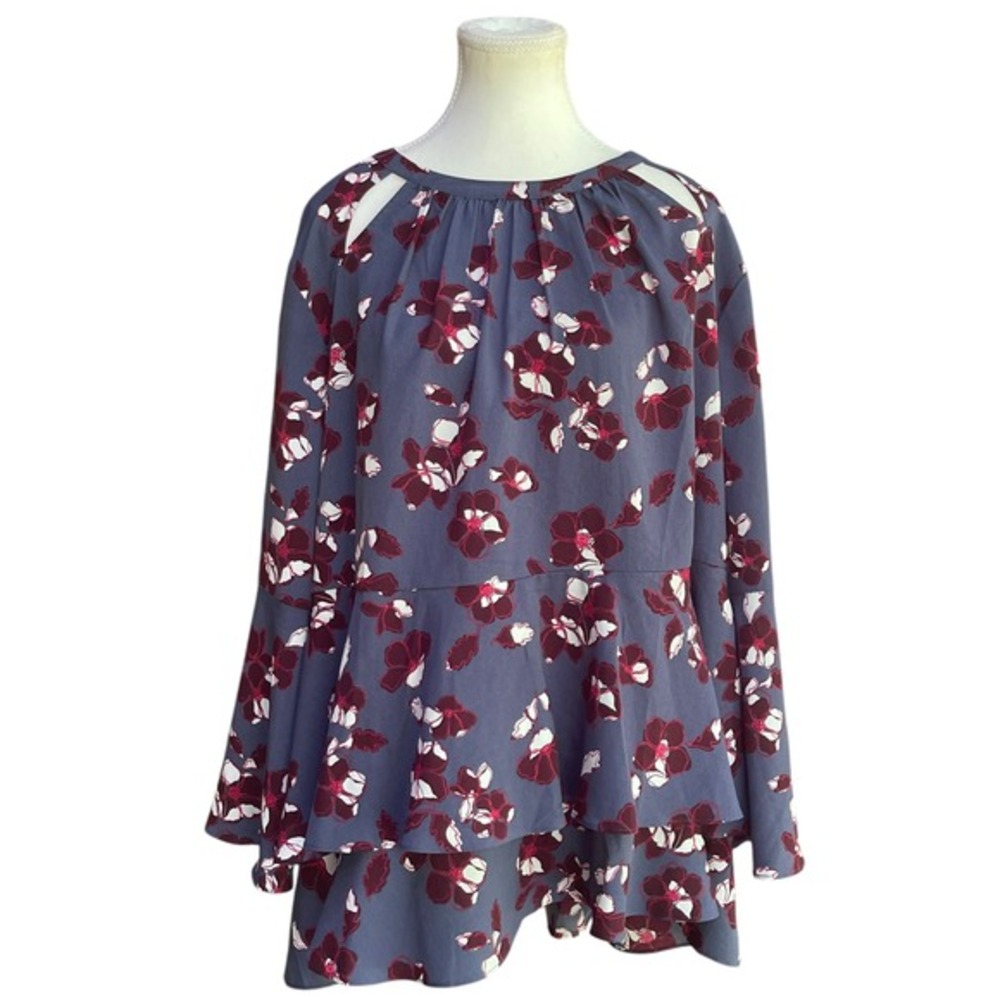 Lane Bryant Floral Print Blouse Cut Out Shoulder Bell Sleeve Tiered Top Size 20
